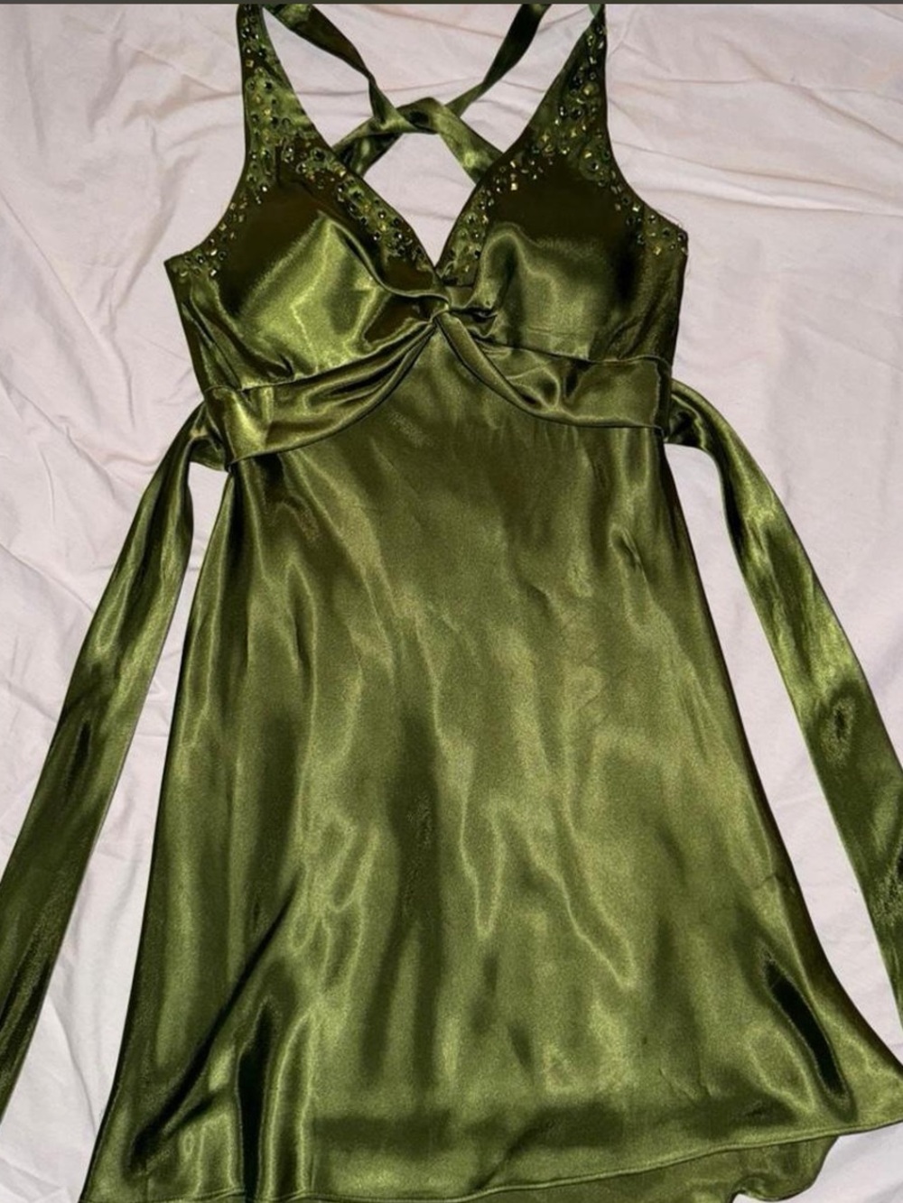 Jump Olive Green Satin Chemise with Embellished Straps